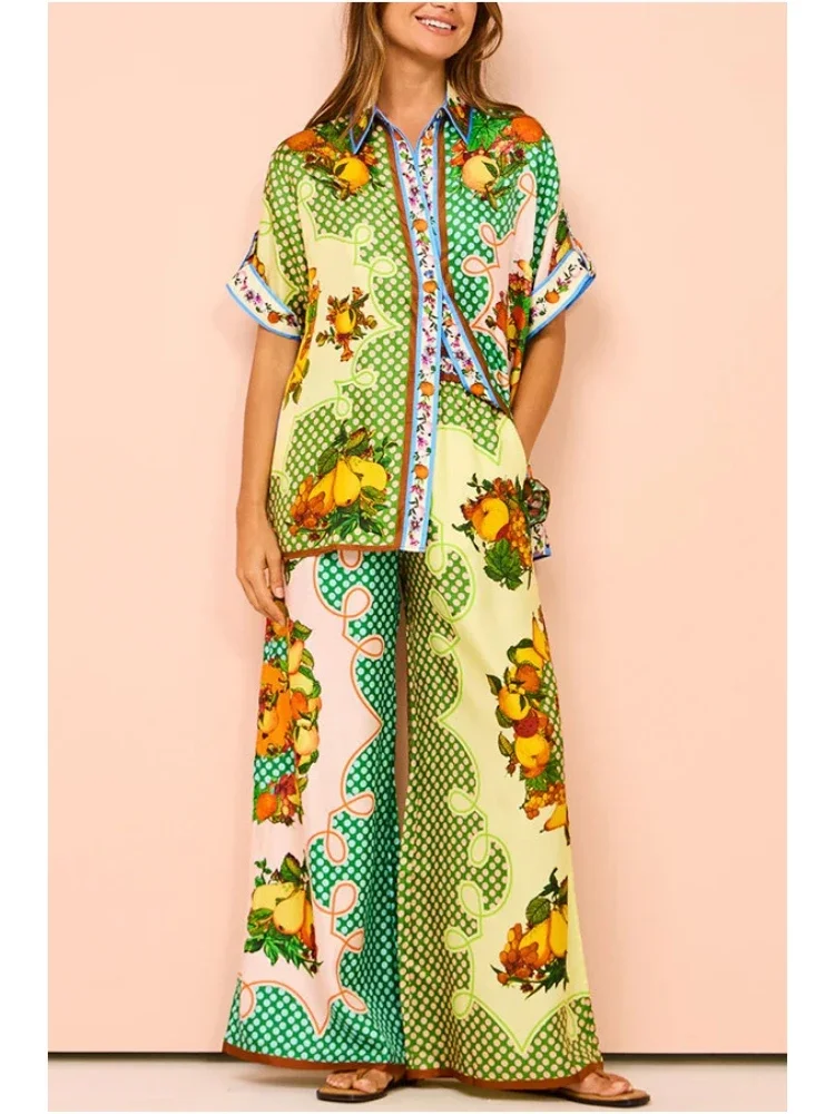 2024 New Patchwork Print Loose Two-piece Women's Casual Short-sleeved Shirt Pant Suit Summer Beach Wear