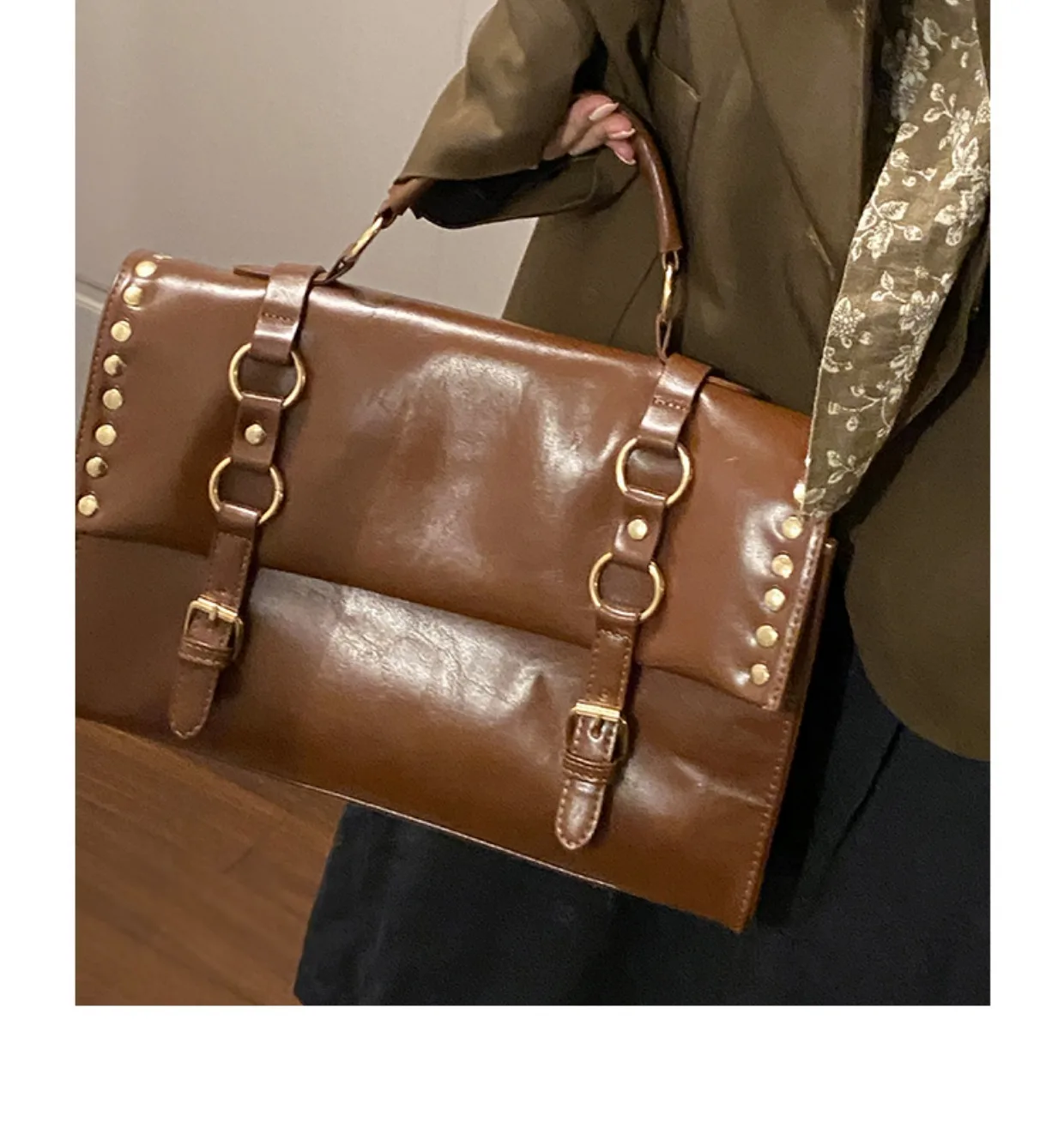JIAERDI Y2k Grunge Brown Messenger Bag Women Rivet Chic Large Capacity Crossbody Bag Ladies Retro Luxury Designer Handbag 2025