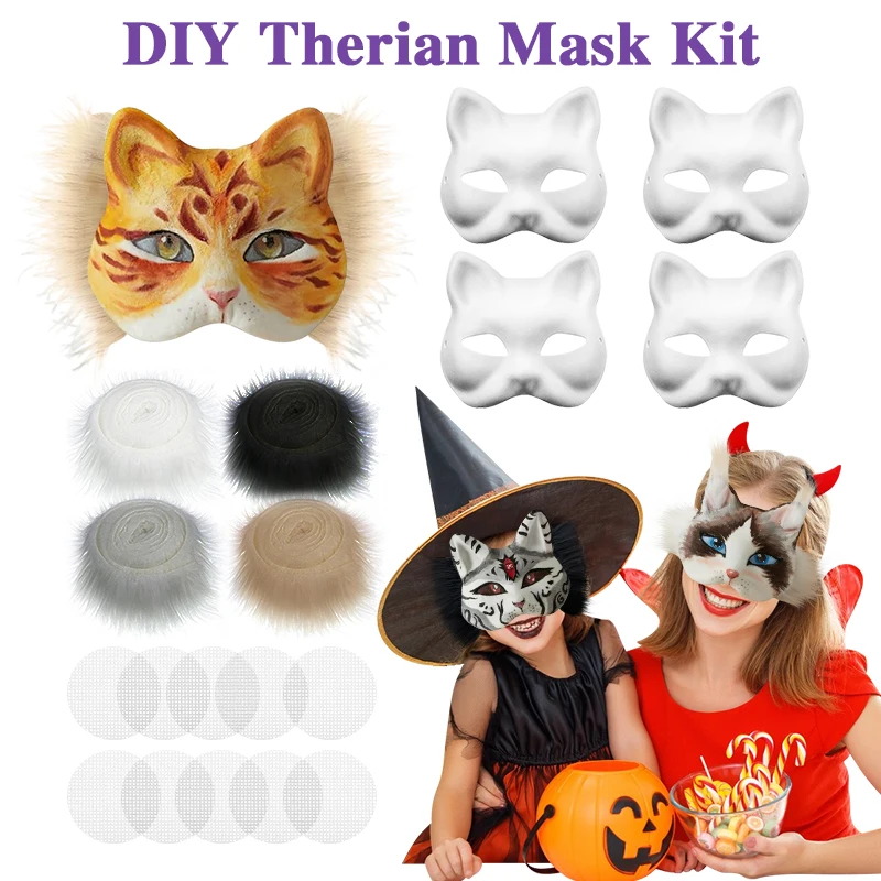 Therian Mask Paper Blank Mask Cat Fur Eye Mesh DIY Halloween Animal Half Facemask Masquerade Cosplay 5/10/15/20Pcs Face Mask Halloween Mask Party Masks Masquerade Mask