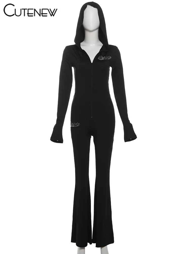 Mono clásico de lentejuelas para mujer, moda nueva, manga larga, cremallera, capucha, ajustado, acampanado, informal, de calle, de una pieza