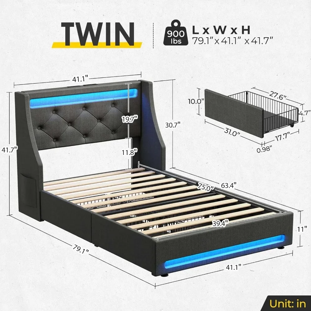 Twin Bed Frame with LED Lights and Charging Station, Upholstered Bed with Drawers, Wooden Slats, Noise Free, Easy Assembly 3