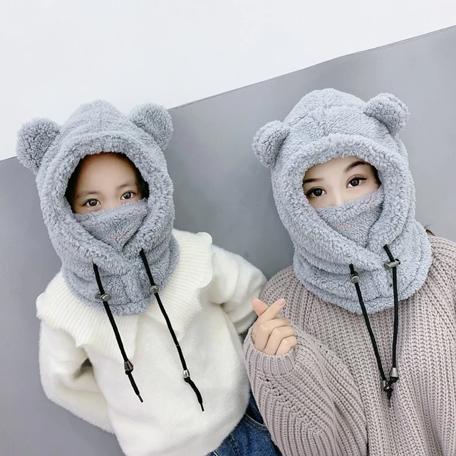 Cagoule en peluche avec oreilles d'ours pour femme et fille, bonnets  chauds, masque optique, crânes, capuche, chapeaux mignons, enfants, hiver -  AliExpress