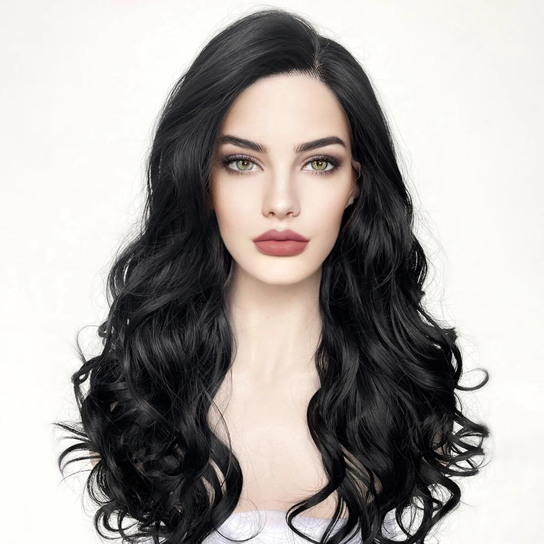 Jet Black Body Wave Synthetic hair Lace Front Wigs for Black Women Daily Wear Cosplay Glueless Transparent 180Density Lace Wigs
