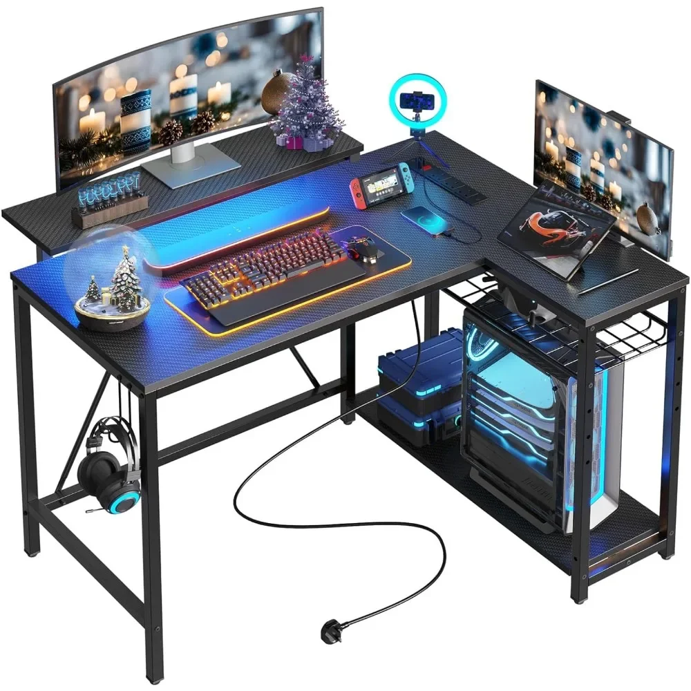 

Small Gaming Desk with Power Outlets, 42 L Shaped LED Computer Desk with Monitor Stand Reversible Storage Shelves