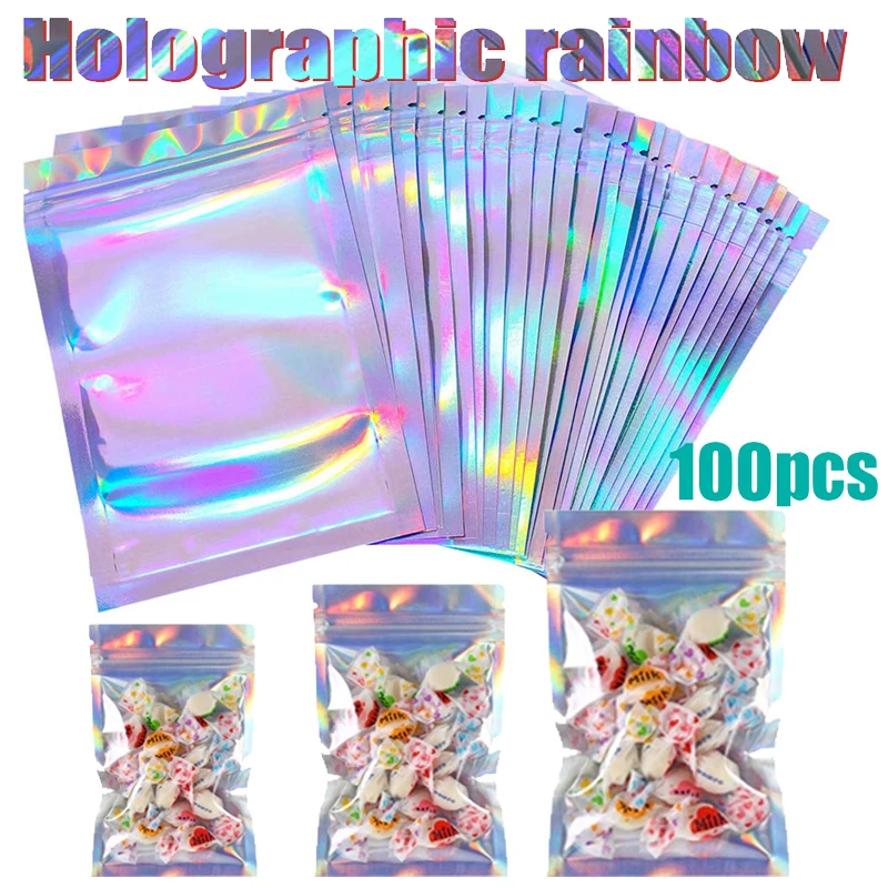 100pcs Flat Zip lock bags Package Bag Holographic  Bags Bath Salt Cosmetic Bag Mini Aluminum Foil Bags Makeup Zipper Bag