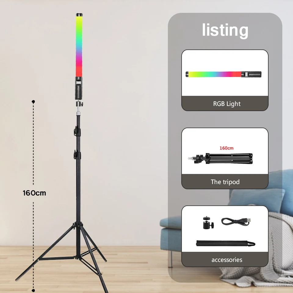RGB Light Stick Wand With Tripod Stand Colorful LED Fill Light Handheld Flash Speedlight Photography Lighting Video Lamp Party