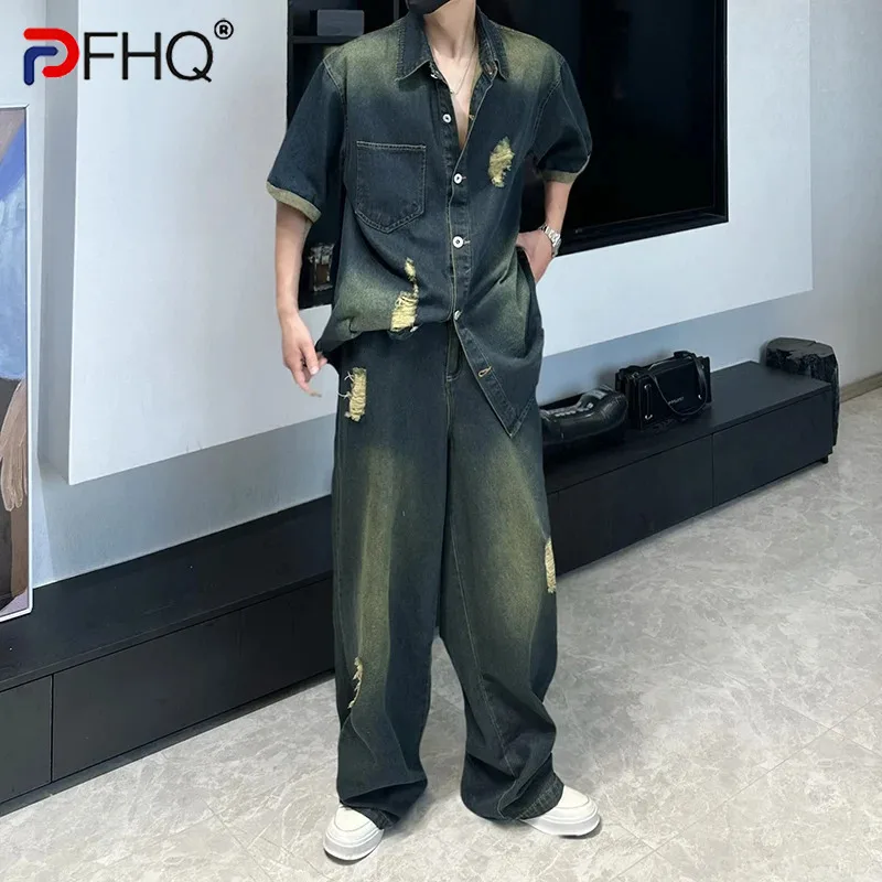 PFHQ American Style Male Denim Two-piece Washed Ripped Single-breasted Short Sleeve Shirt Fashion Jeans Men Casual Sets 21E6410