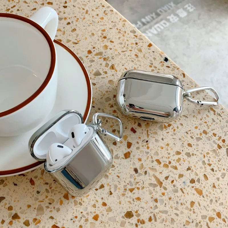 Silver Electroplate Earphone Case with Keychain and Protective TPU Cover