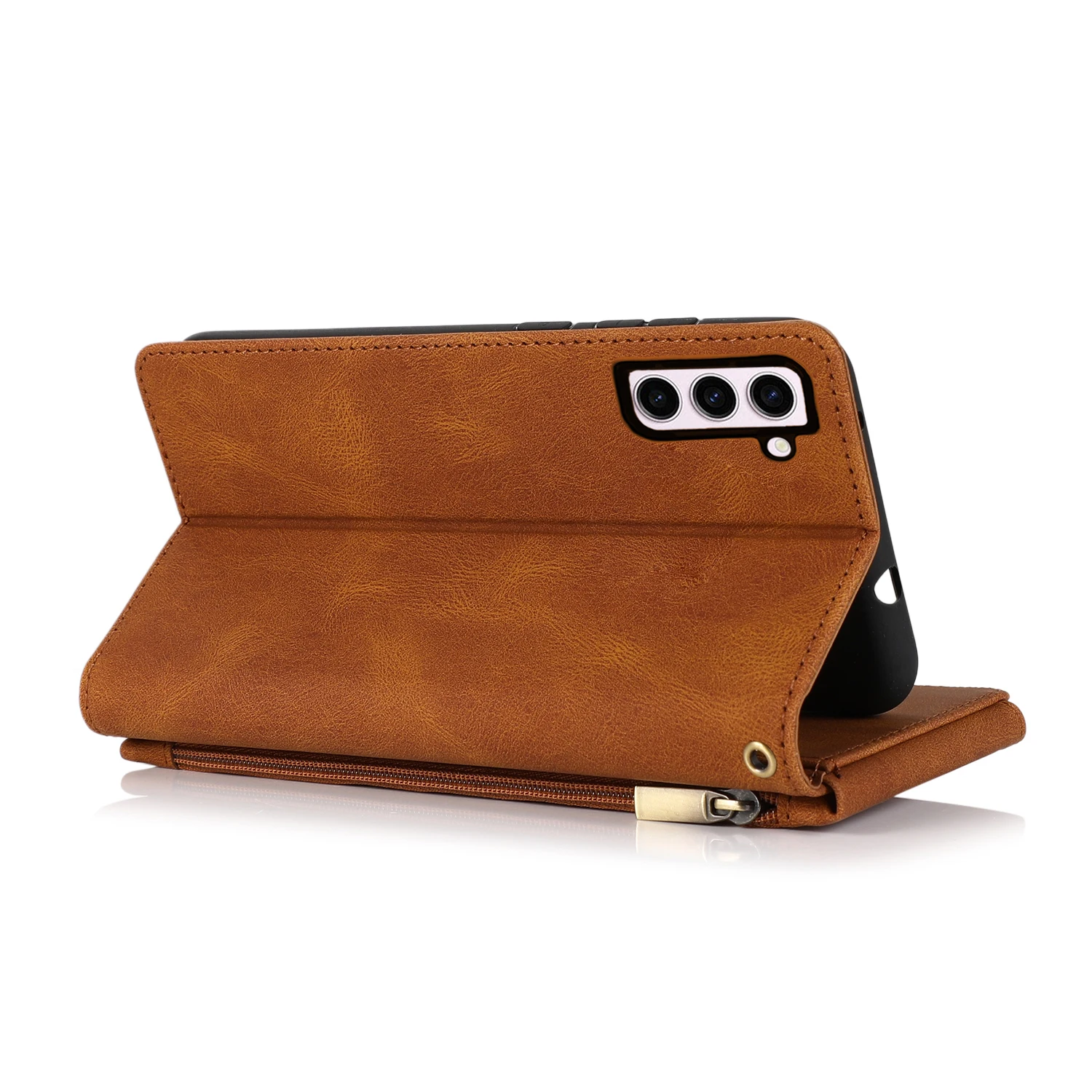 Luxurious Flip Cover Leather Wallet Phone Case with Zip Pocket and Vertical Stand