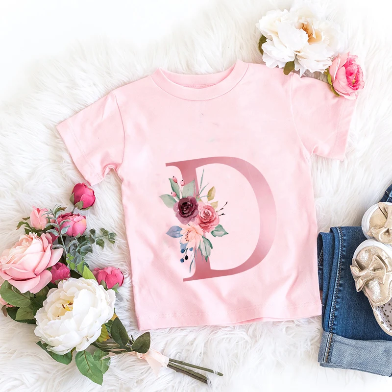 Pink New Flower Letter A B C D Children T-shirt Kawaii T Shirt Anime Cartoons Casual Clothes Kid Girl Boy Short Sleeve Top Tee 5