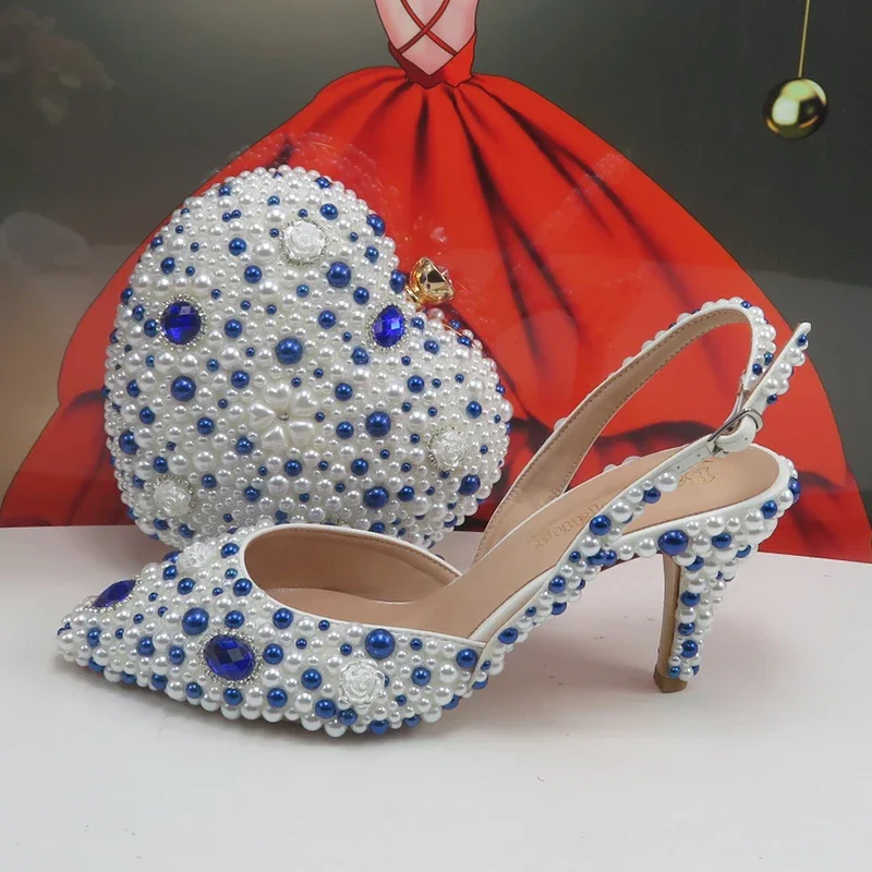 

New Blue Crystal wedding shoes and Bag Bradal Pointed Toe White Pearl Party Pumps with handbag Back strap Handmade customization