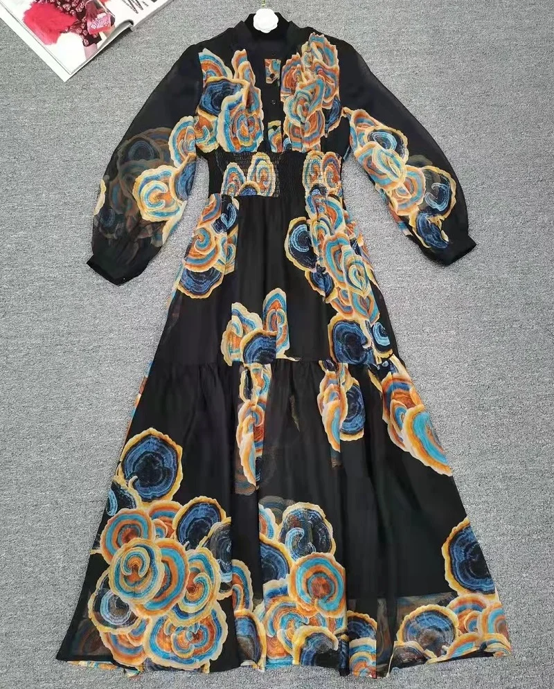 

New 2022 Spring Summer Long Dress High Quality Women Colorful Prints Elastic Waist Long Sleeve Casual Party Black Maxi Dresses