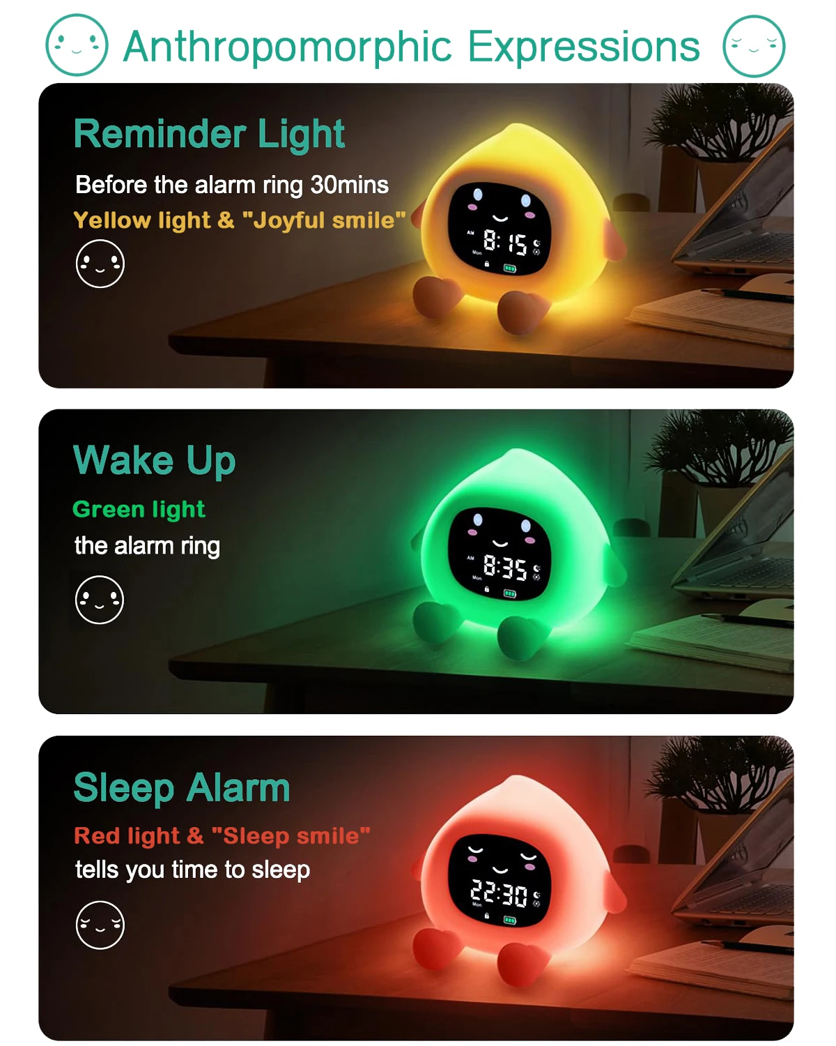 Kids Alarm Clock Sleep Training Alarm Clock Wake Up Rechargeable Clock with 9 Color Night Light 2