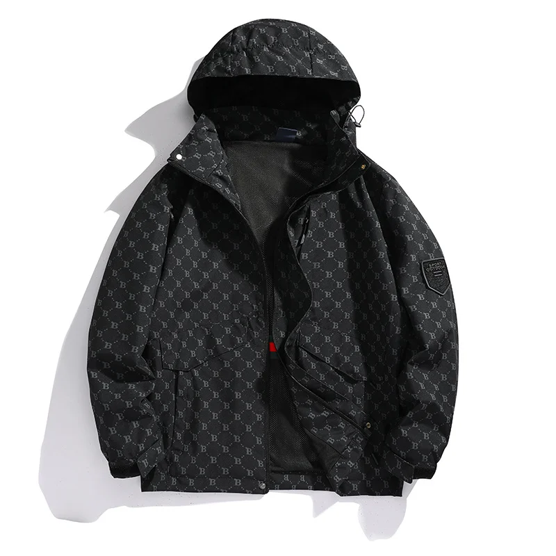 

2023 New Spring Autumn Jacket Men Hooded Printed Multi-Pocket Breathable Jacket Casual Loose Thin Section Couple Outdoor Jacket
