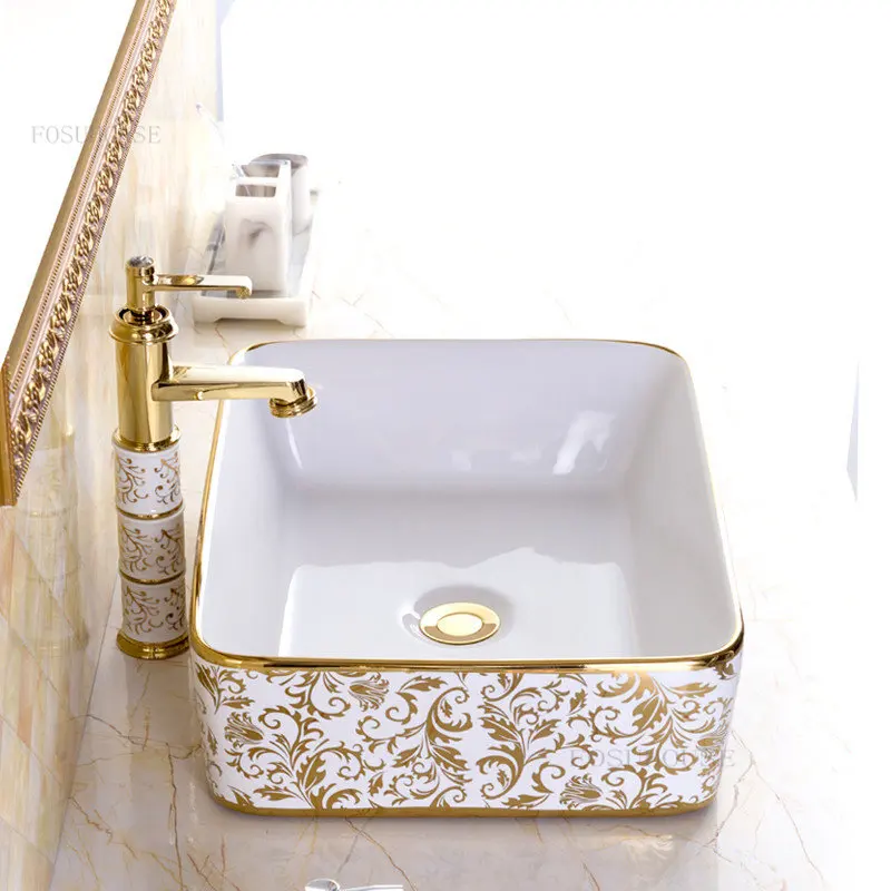 European-style Ceramic Bathroom Sink Square Countertop Basin Round Gold Art Basin Light Luxury Washbasin Set Washing Hand Basin 4