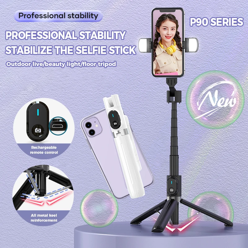 P90 Smart Wireless Charging Selfie Stick 360 Rotation Aluminum Tripod Stand with Remote Control Compatible with All Smartphones