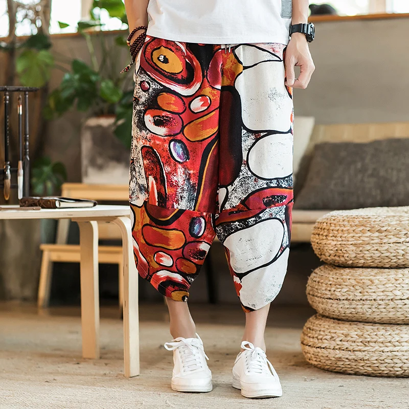 Harajuku Summer Loose Calf Length Casual Pants Men Wide Leg Cotton Linen Printing Baggy Pants Oversize Men's Trousers - Image 3