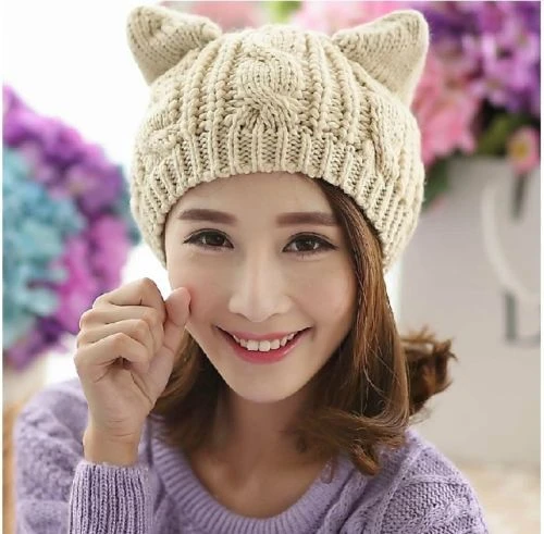 Solid Color Warm Cat Ear Knitted Hats Crochet Lugs Anime Beanies Women's  Winter Hat Gilrls Kawaii Bonnet Femme Wool Cap - AliExpress