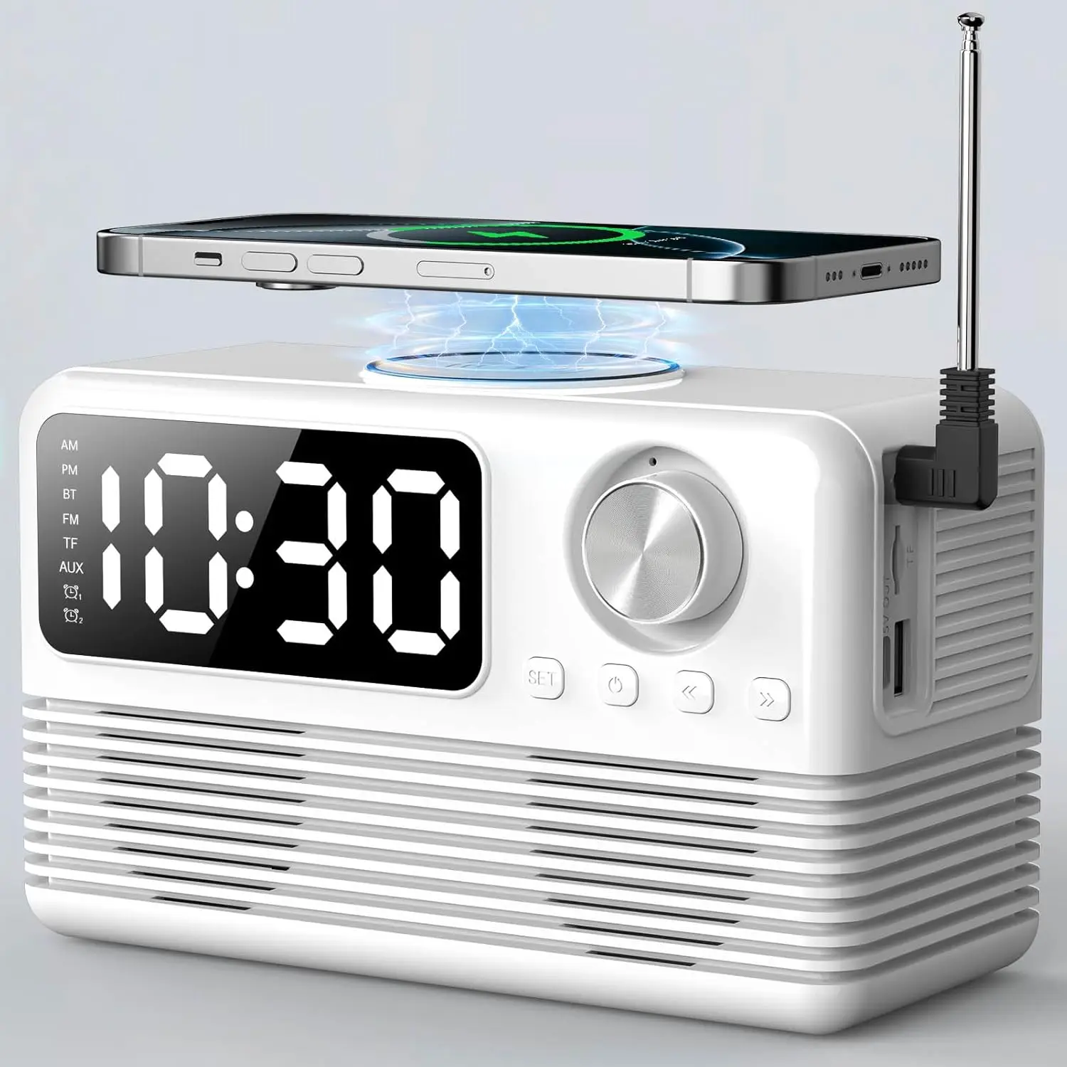 4-in-1 Wireless Charging Station with Fast 15W Charger, Bluetooth Speaker, Alarm Clock, and FM Radio for Bedroom Use