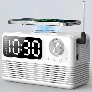 4-in-1 Wireless Charging Station with Fast 15W Charger, Bluetooth Speaker, Alarm Clock, and FM Radio for Bedroom Use