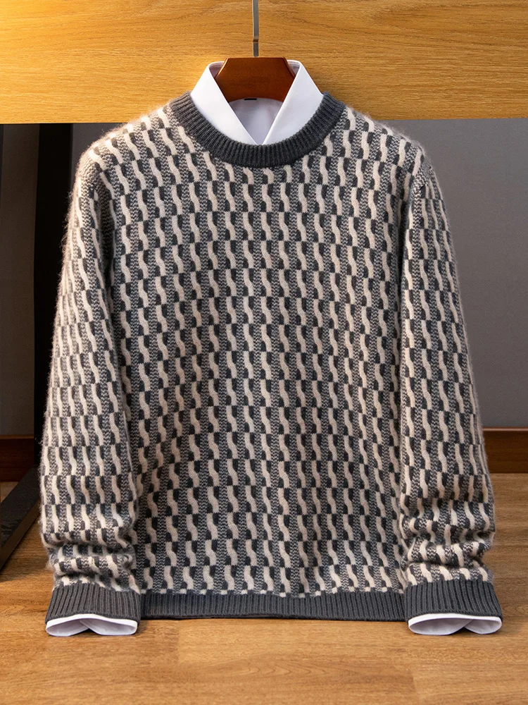 100% Cashmere Sweater Men's Autumn Winter New Round Neck Knitted Pullover High-end Thickened Inlaid Flower Men's Clothing Warm 4