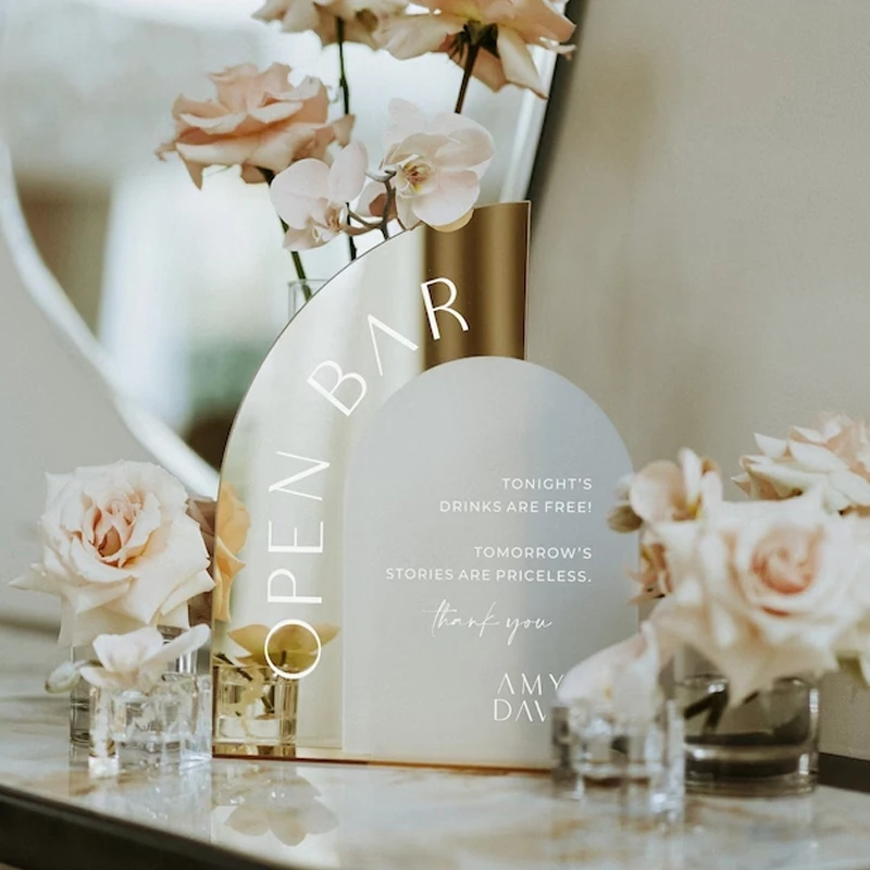 Frosted Arched Gold Mirror Acrylic Bar Sign,Wedding Open Bar Sign,Wedding Table Decoration,Welcome Sign with bases,Gold Mirror