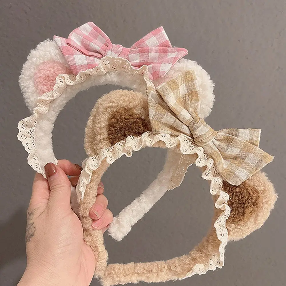 

Fashion Hair Hoop Headdress Plaid Bow Make up Plush Cat Ears Women Accessories Lace Hair Band Korea Style Headband