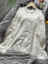 

SONGYI 2022 Summer Spring Loose Student Blouse Shirt Women White Peter Pan Collar Puff Sleeve Casual Sweet Shirts Top ZP0002