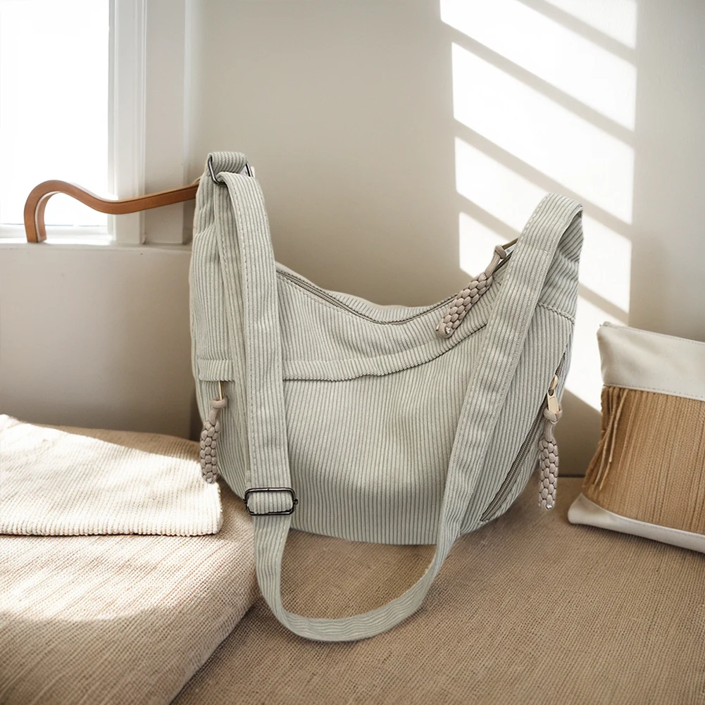 Borsa A Mezzaluna In Velluto A Coste Donna - Tracolla Regolabile - Capiente 38x23 Cm - Nero, Bianco, Cachi, Verde