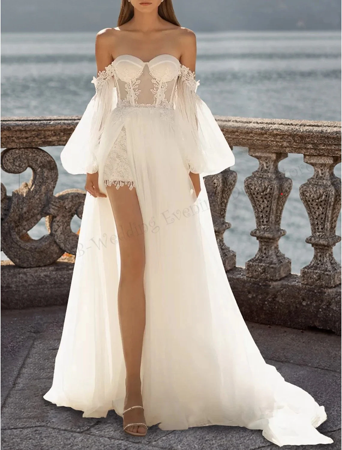 

Fashion Woman Wedding Dresses A-Line Long Sleeve Off Shoulder Lace with Appliques Split Front Bridal Engagement Party 2023