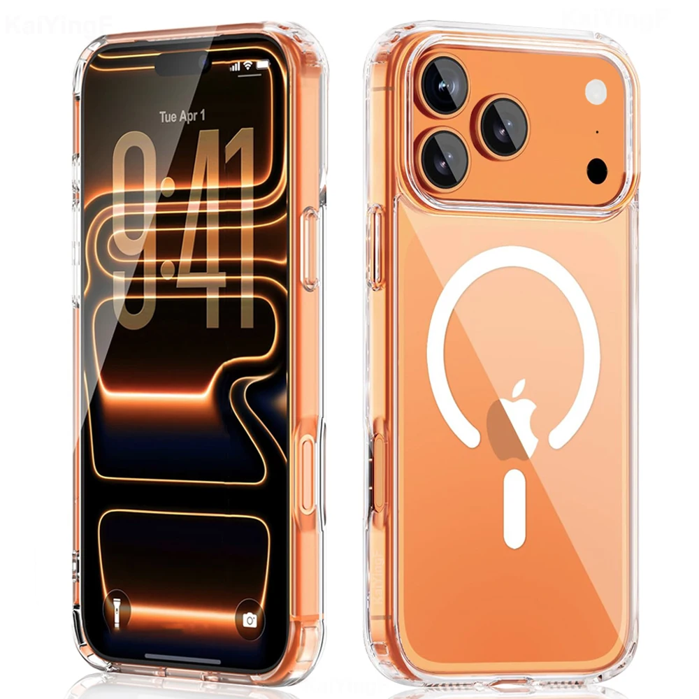 Capa Magnética Transparente Antichoque para iPhone 17 16 15 14 13 12 11 Pro Max Plus com Carregamento Sem Fio MagSafe