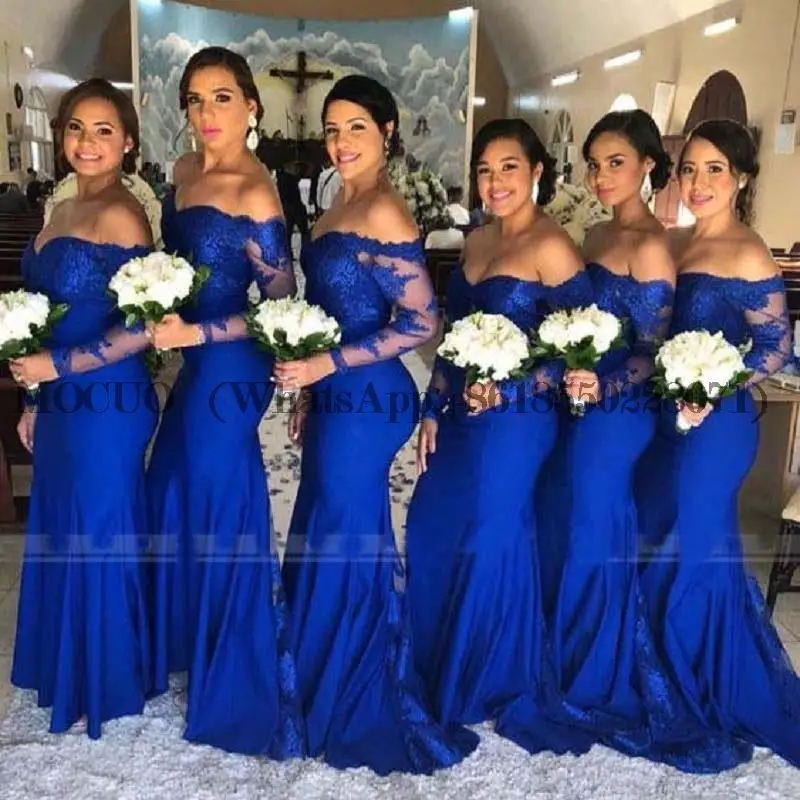 

Royal Blue Off the Shoulder Bridesmaid Dresses With Applique Mermaid Long Sleeve Wedding Party Dress Maid Of Honor