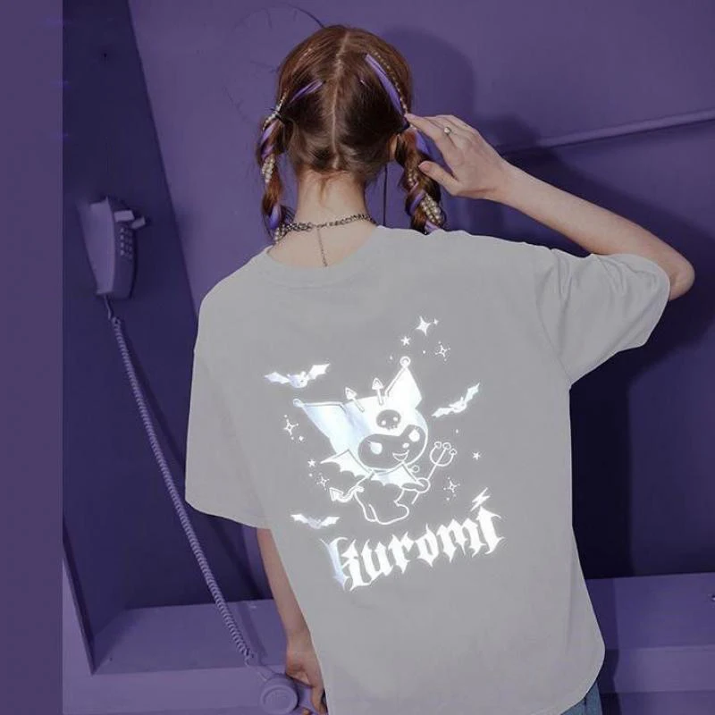 

Sanrio Kuromi 100% Cotton T-Shirt 3M Reflective Short Sleeves Summer Loose and Comfortable Sweet Cool Ins Top Fashion Trends
