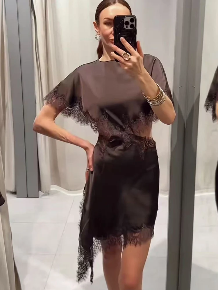 Women Sexy Cut Out Irregular Dresses Lace Spliced Short Sleeve Asymmetric Midi Dresses Solid Female Satin Elegant Party Dress