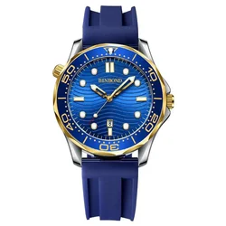 BINBOND Ultra - Thin Sea Horse Series Quartz Watch - Men's Casual Fashion, Waterproof, Luminous, Sports & Business Timepiece (Rubber Gold Blue)