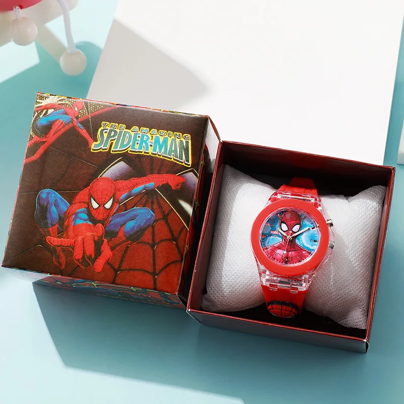 Dessin animé Mickey Flash lumière filles montres avec boîte bracelet en Silicone Spiderman enfants montres enfants étudiant horloge reloj infantil
