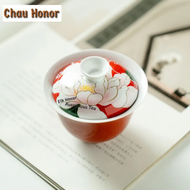 120ml Hand-painted Butterfly Peony Red Gaiwan Vintage Tea Tureen Household Tea Bowl With Lid Kit Tea Brewing Cover Bowl Teaware