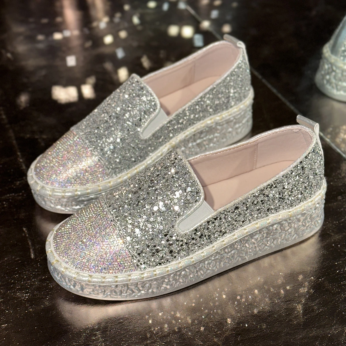Aphixta 2025 New Bling Sequined Woman Shoes Flat With Slip On Silver Loafers Spring Woman Fashion Shoes Big Size 43