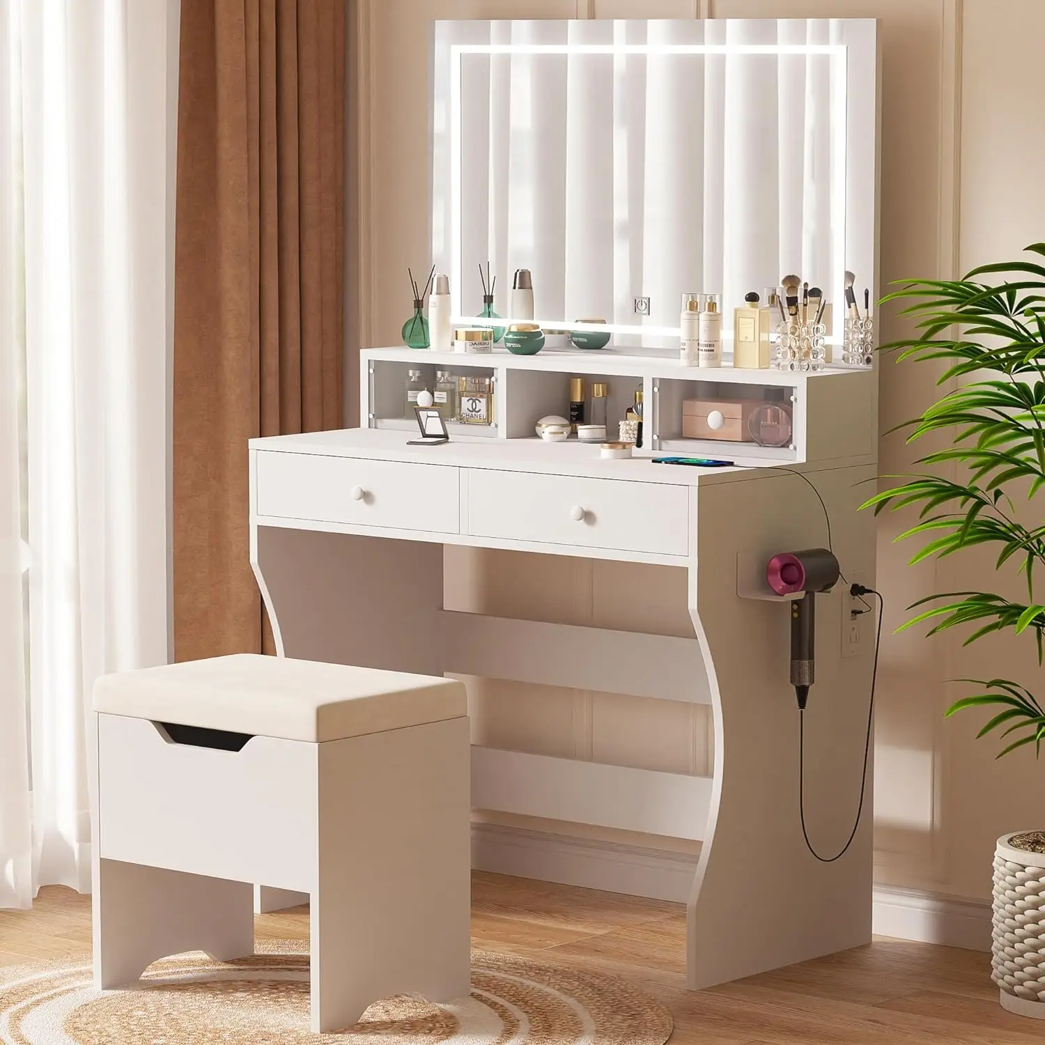 

VECELO Makeup Vanity Desk Set with 4 Drawers, LED Lighted Mirror, Cushioned Stool and Power Outlets, 3 Color Modes Small