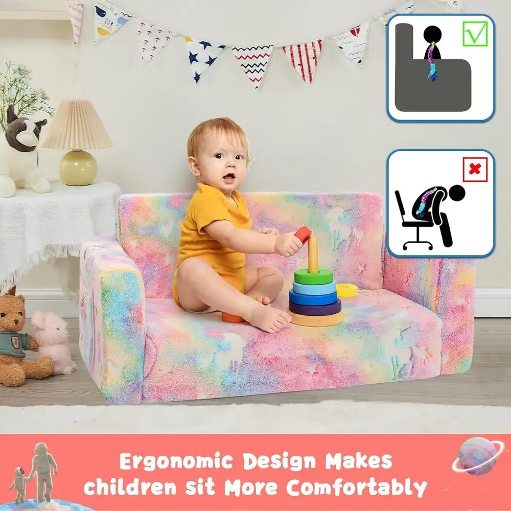 Kids Couch Toddler Chair Glow in Dark Foam Sofa Convertible Lounger Foldable Toddler Bed Storage Playroom Indoor Use 5