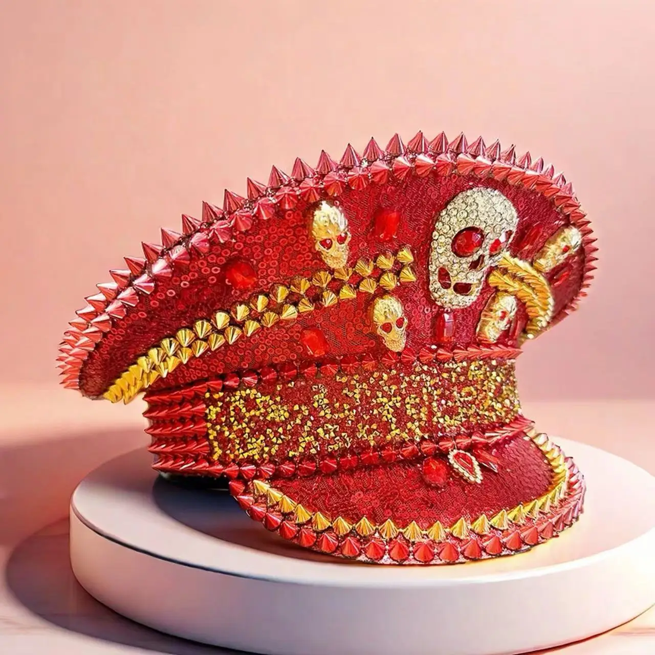 Halloween Steampunk Captain Hat Red Green Army Cap Rhinestone Rivet Skull Halloween Hat Outdoor Adult Party Festival Music Party