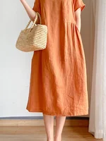 Loose Fit round Ne Linen Dr ort Sve Summer Thin A-Line Midi Dr Commute Sle High Waist Soft Medium Summer Dr - Image 5