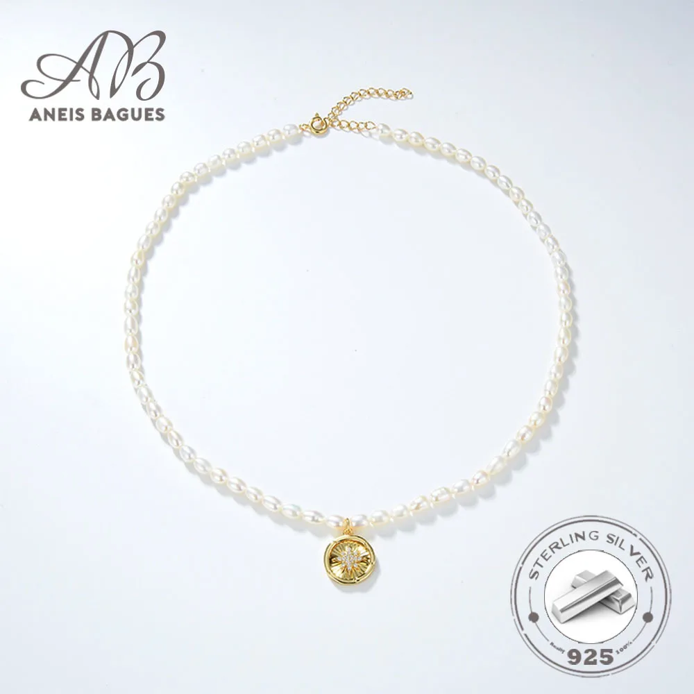 

Aneis Bagues Luxury Real 925 Sterling Silver 18K Gold Plated Inlaid Zircon Pendant Natural Pearl Necklace For Women Jewelry Fine