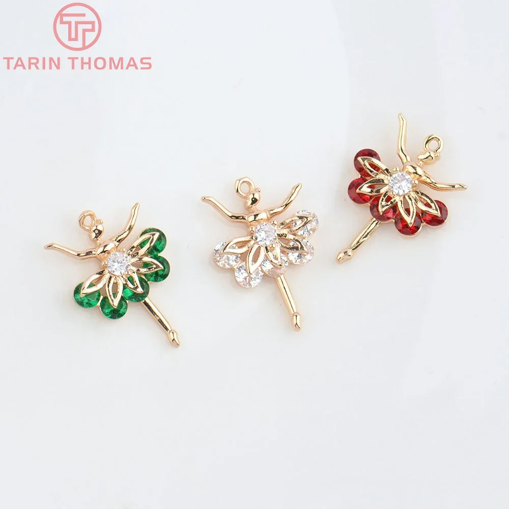 

(4858) 10PCS 14.5x21MM 24K Champagne Gold Color Brass with Zircon Ballet Girl Pendants High Quality Jewelry Making Findings