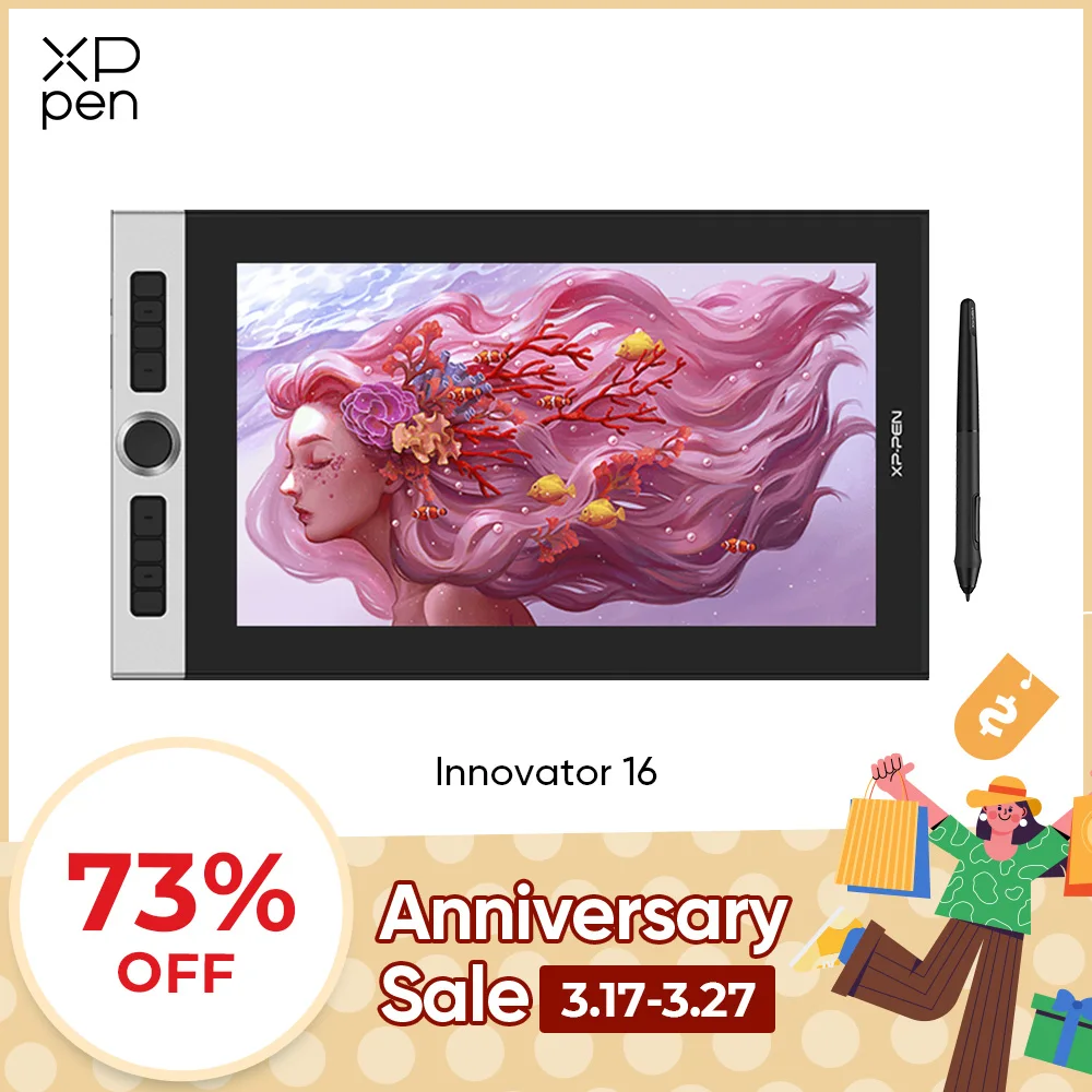 XPPen Innovator 16 그래픽 태블릿, 펜 디스플레이 드로잉 보드 모니터, 88% NTSC, 배터리 프리 스타일러스 틸트 지원, 15.6 인치 