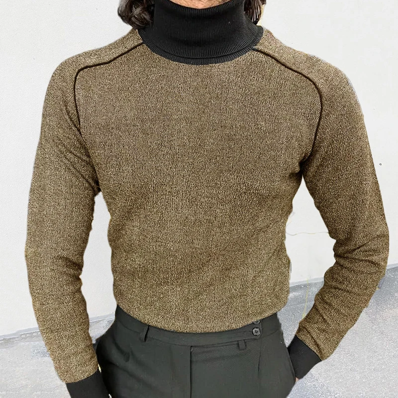 

Fashion Patchwork Turtleneck Slim Sweaters Men Casual Long Sleeve Pure Color Elastic Knitted Pullover Fall Mens Vintage Sweater
