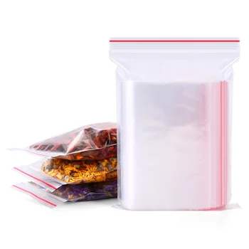 100Pcs 10×15cm (3.94×5.91in) Clear Plastic Zip Lock Bags - Food-Safe Reusable Storage Bags with Red Seal Strip, Waterproof 1