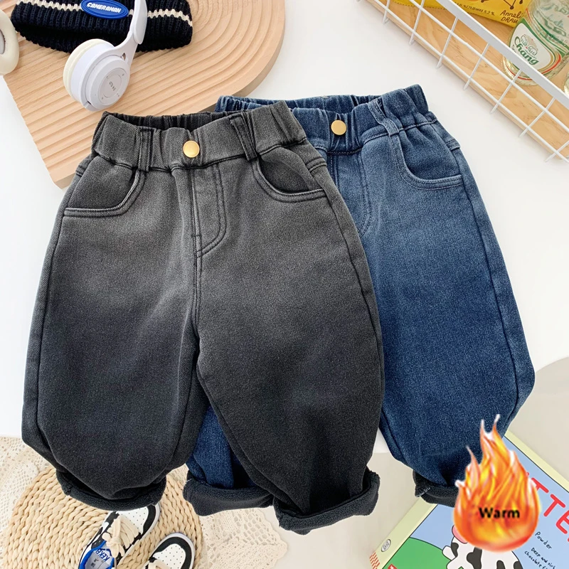 

Korean Plush Velvet Boys Jeans Harem Pants Winter Elastic Waist Loose Kids Denim Trousers Vintage Fleece Lined Children Jeansy