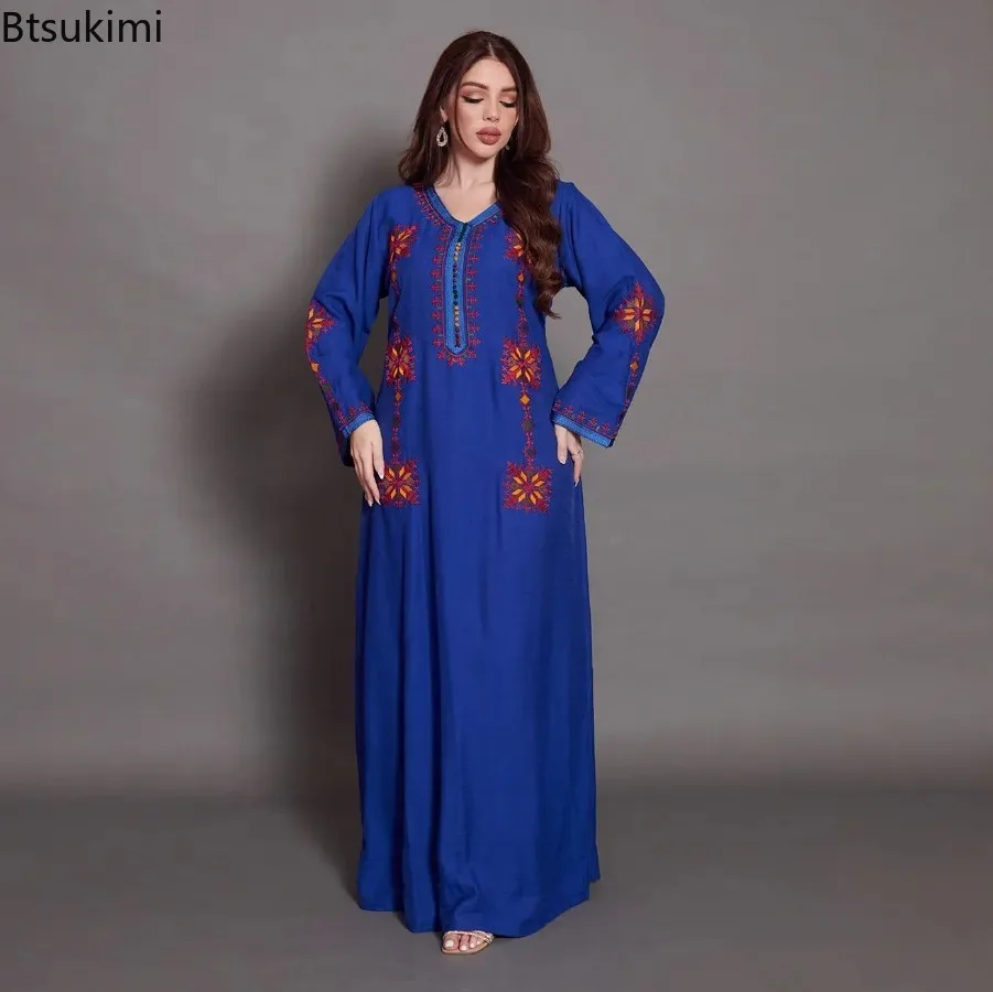 Muslim Fashion Abaya for Women Colorful Embroidery Floral Dress Loose Ethnic Style Arab Robe Ramadan Gown Dubai Kaftan Vestidos