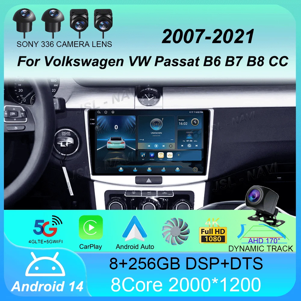 Car Multimedia Player Car Radio Android 14 Carplay For Volkswagen VW Passat B6 B7 B8 CC 2007-Navigation GPS Multimedia Player WiFi+4G stereo BT